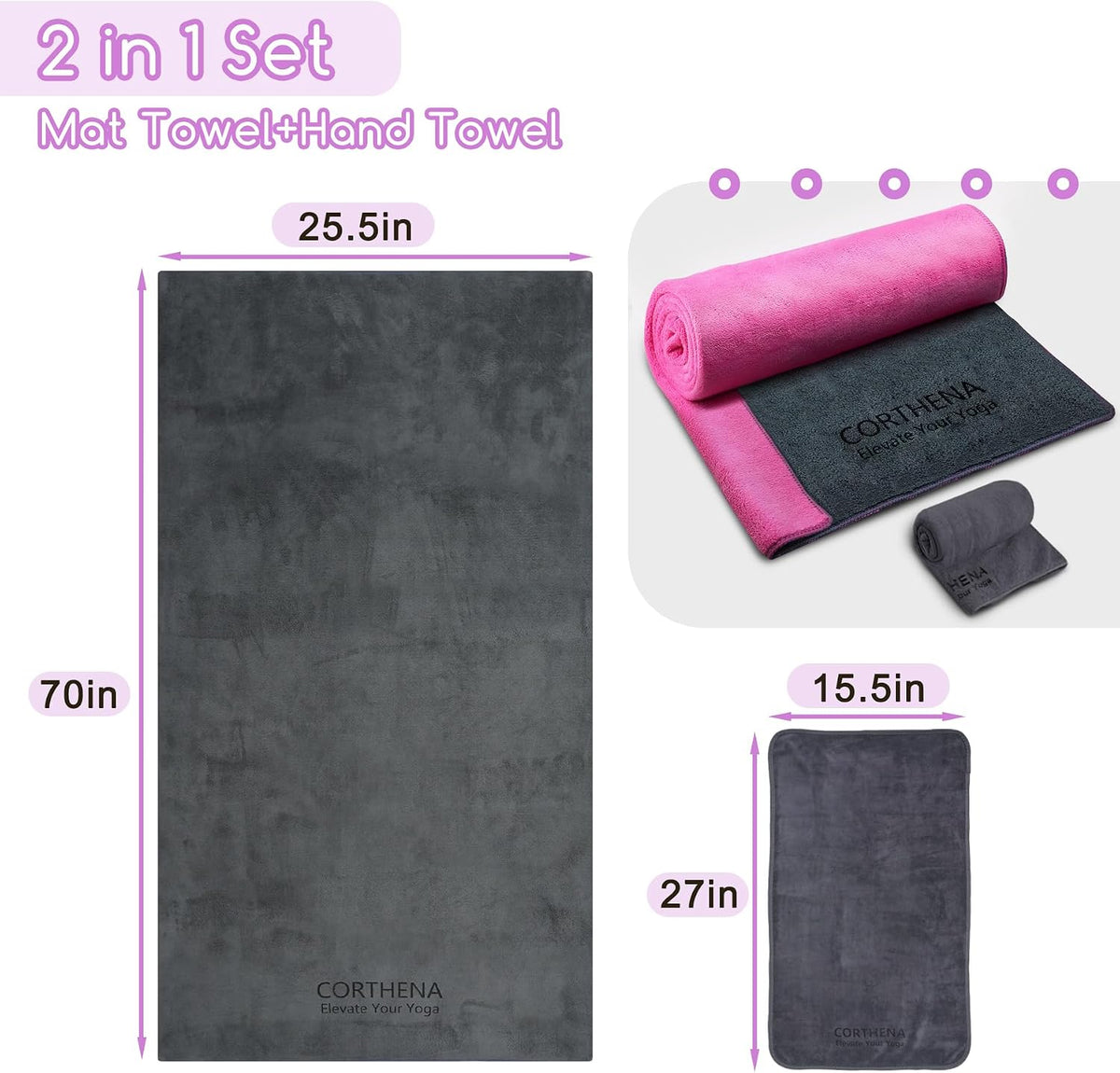 Yoga Mat Towel, Extra Thick (600GSM) Soft Hot Yoga Towel, Non-Slip and Sweat Absorbent for Hot Yoga, Bikram, Pilates, and Fitness, 72" x 27.5", Dual-Color, Grey/Pink