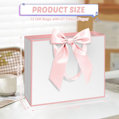 12 Pack Gift Bags with Handle 12.5x10x4.3 inch Thank You Favor Welcome Bags Return Gifts for Wedding Mothers Graduation Baby Shower Birthday Thanksgiving(white and pink)
