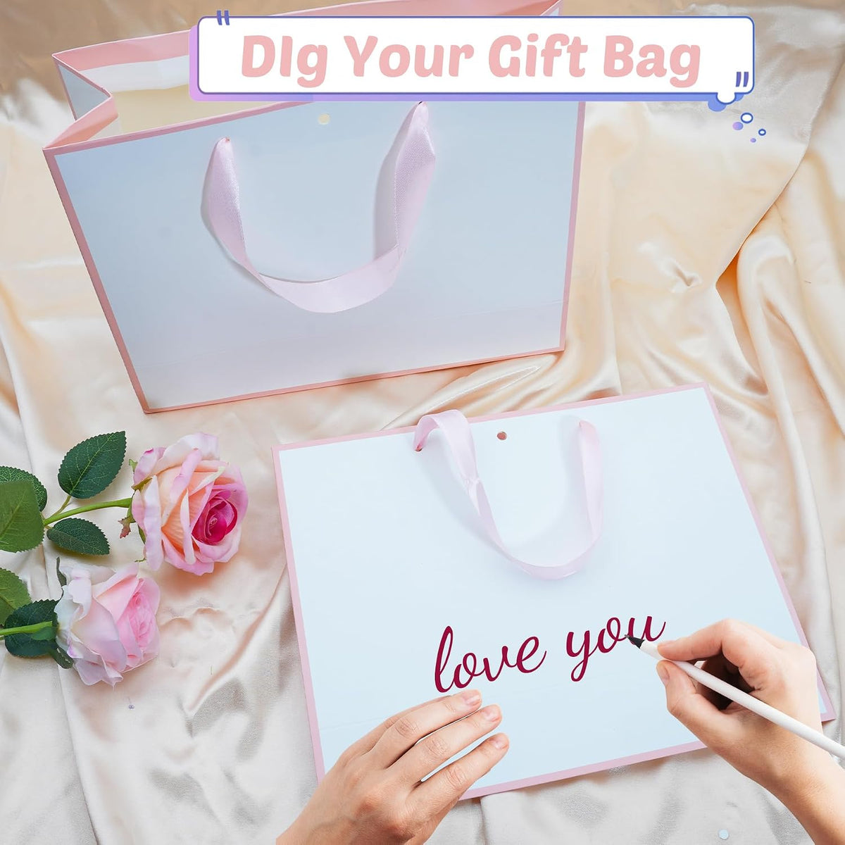 12 Pack Gift Bags with Handle 12.5x10x4.3 inch Thank You Favor Welcome Bags Return Gifts for Wedding Mothers Graduation Baby Shower Birthday Thanksgiving(white and pink)