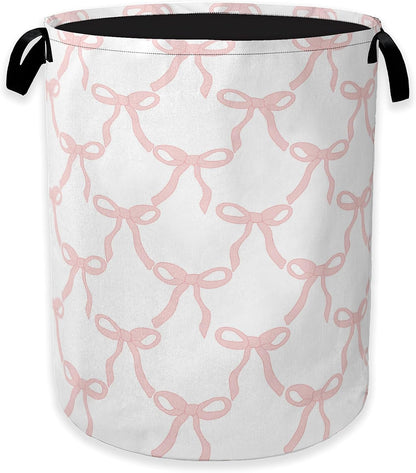 Pink Bow Laundry Basket,Princess Girls Clothes Hamper,Oxford Cloth Collapsible Nursery Hamper Storage Organization for Bedroom,Bathroom,Office,College Dorms,16x20 Inch