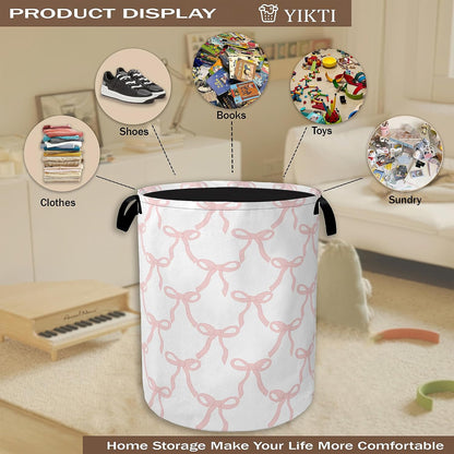 Pink Bow Laundry Basket,Princess Girls Clothes Hamper,Oxford Cloth Collapsible Nursery Hamper Storage Organization for Bedroom,Bathroom,Office,College Dorms,16x20 Inch