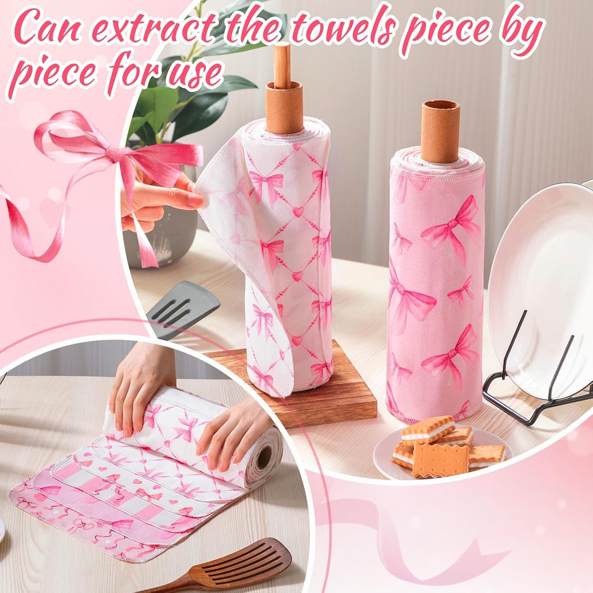 50 Pcs Reusable Paper Towels Cotton Washable,Pink Bow