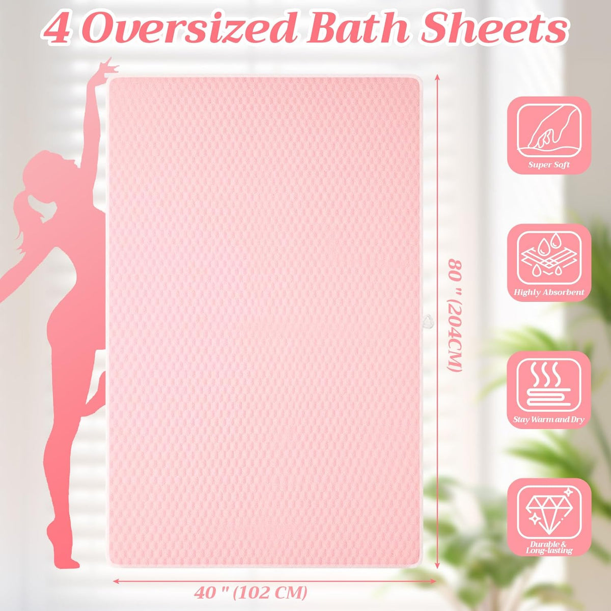 4 Pcs Oversized Bath Towel Extra Large Sheet, Pink