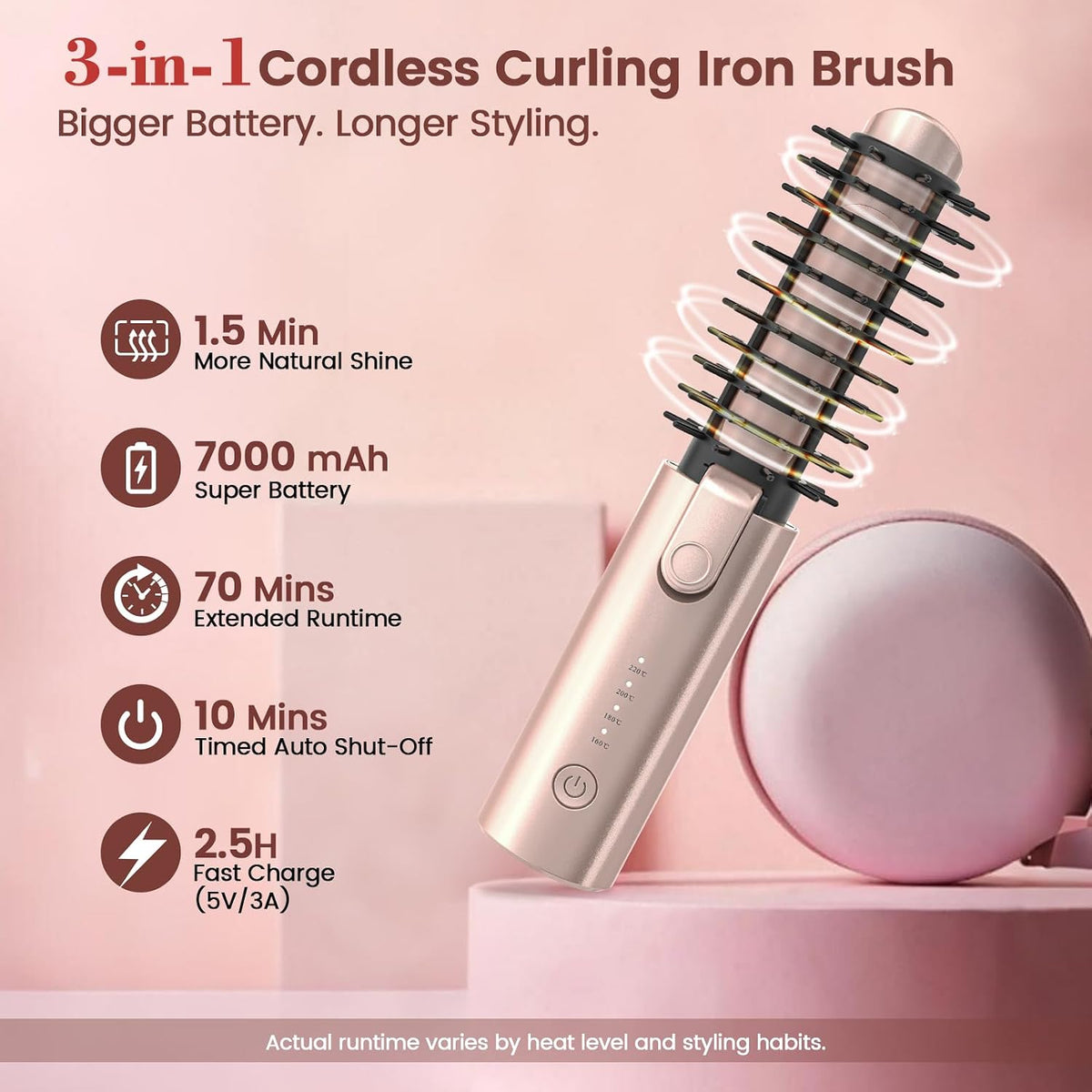 Cordless Hair Curling Iron, Portable 1.5" Hair Curler Rechargeable