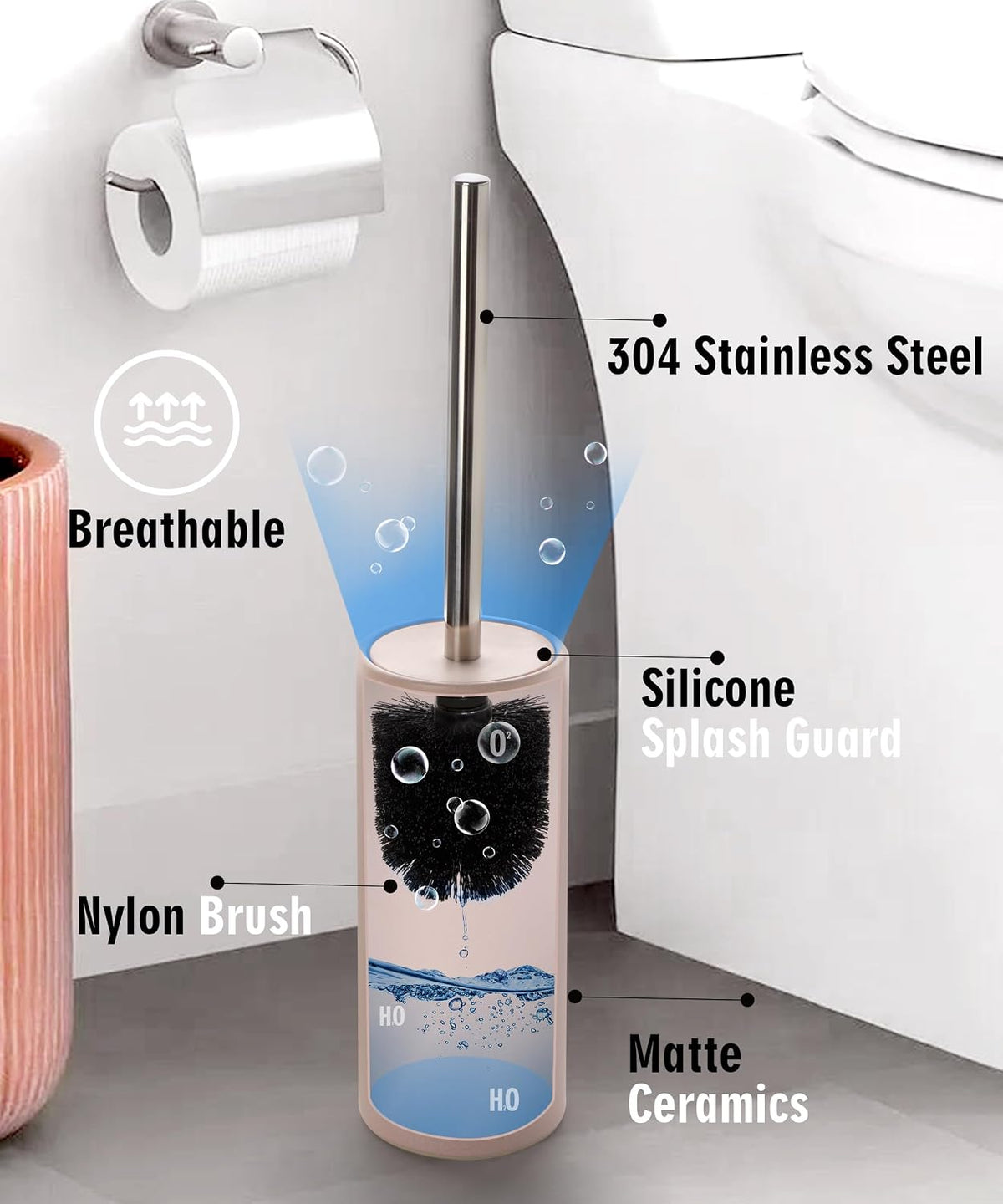 Matt Pink Ceramic Toilet Brush and Holder Set