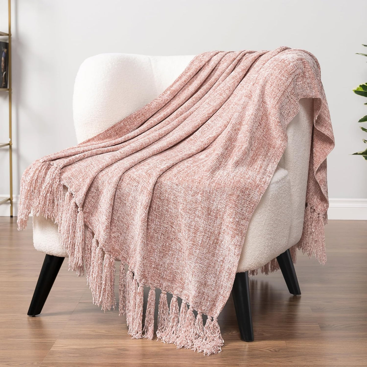 Chenille Throw Blanket, Knit Sofa Couch Tassel Throw, Pink 50x60