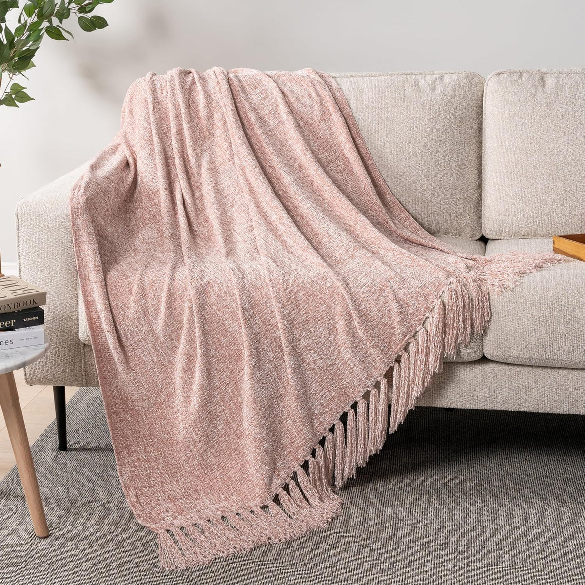 Chenille Throw Blanket, Knit Sofa Couch Tassel Throw, Pink 50x60