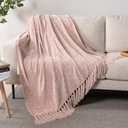 Chenille Throw Blanket, Knit Sofa Couch Tassel Throw, Pink 50x60