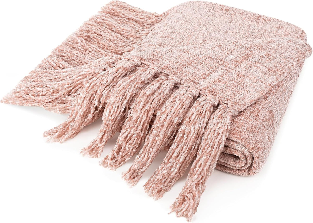 Chenille Throw Blanket, Knit Sofa Couch Tassel Throw, Pink 50x60
