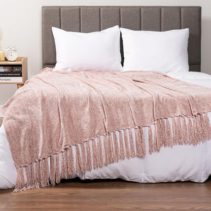 Chenille Throw Blanket, Knit Sofa Couch Tassel Throw, Pink 50x60