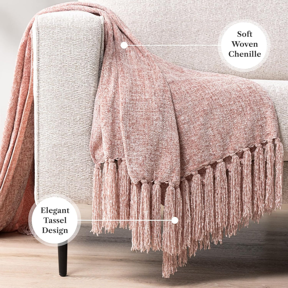 Chenille Throw Blanket, Knit Sofa Couch Tassel Throw, Pink 50x60