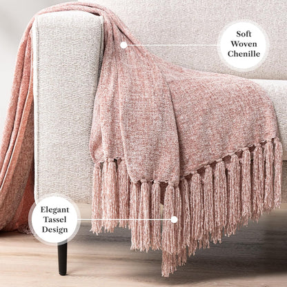 Chenille Throw Blanket, Knit Sofa Couch Tassel Throw, Pink 50x60