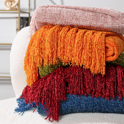 Chenille Throw Blanket, Knit Sofa Couch Tassel Throw, Pink 50x60