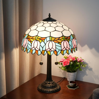 Tiffany Table Lamp 16 inch Pink Tulip Tiffany Style Stained Glass Lamp for Living Room Dining Room Antique Bedside Light Decor for Home Office