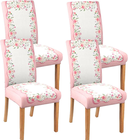 Valentine's Day Chair Covers Set of 4, Romantic Pink Rose Chairs Slipcover for Dining Room, Removable Washable Breathable Cover in the Kitchen Restaurant Holiday Decor