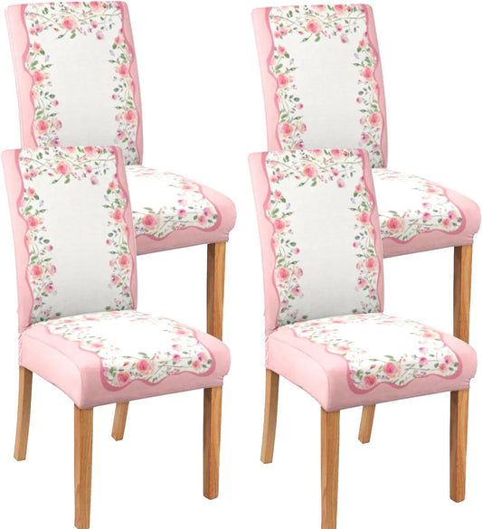 Valentine's Day Chair Covers Set of 4, Romantic Pink Rose Chairs Slipcover for Dining Room, Removable Washable Breathable Cover in the Kitchen Restaurant Holiday Decor
