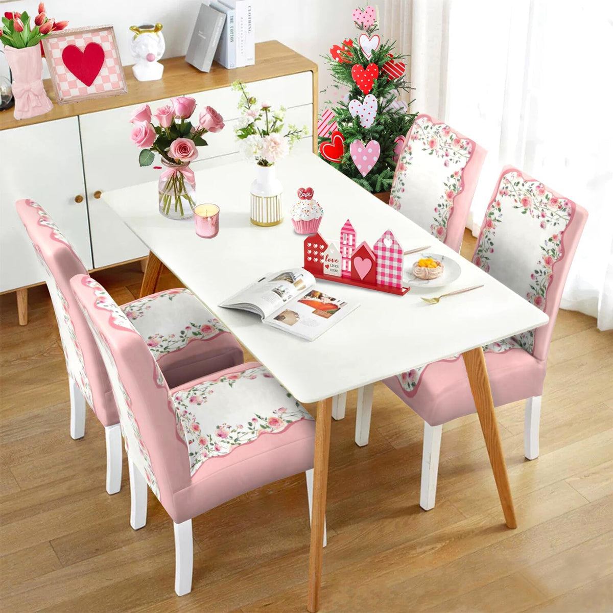 Valentine's Day Chair Covers Set of 4, Romantic Pink Rose Chairs Slipcover for Dining Room, Removable Washable Breathable Cover in the Kitchen Restaurant Holiday Decor