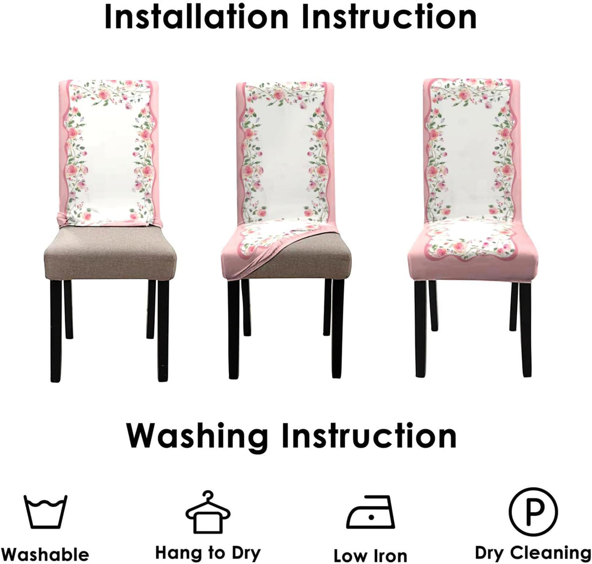 Valentine's Day Chair Covers Set of 4, Romantic Pink Rose Chairs Slipcover for Dining Room, Removable Washable Breathable Cover in the Kitchen Restaurant Holiday Decor