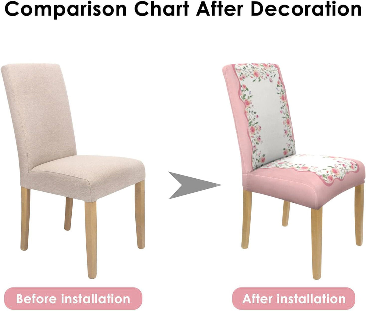 Valentine's Day Chair Covers Set of 4, Romantic Pink Rose Chairs Slipcover for Dining Room, Removable Washable Breathable Cover in the Kitchen Restaurant Holiday Decor