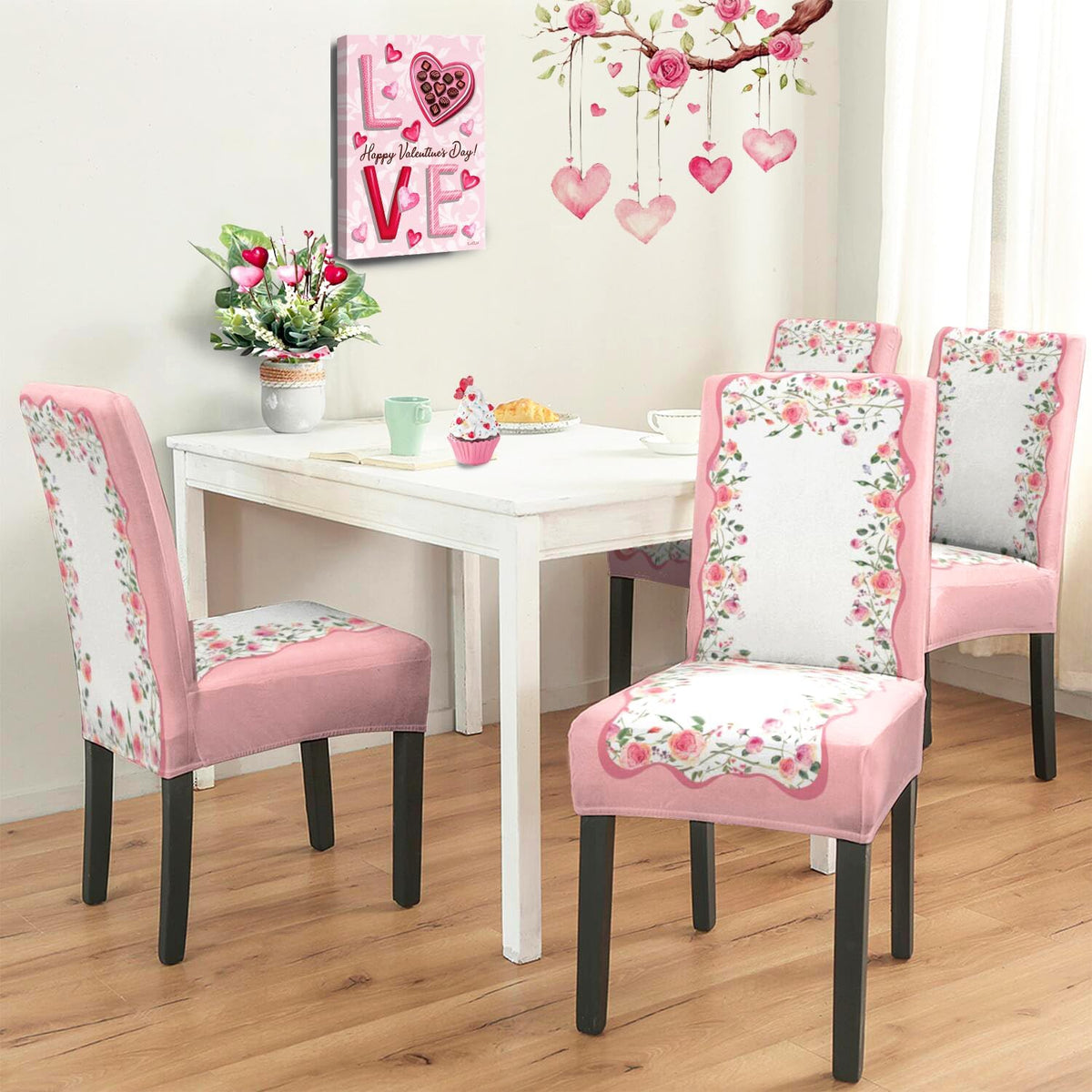 Valentine's Day Chair Covers Set of 4, Romantic Pink Rose Chairs Slipcover for Dining Room, Removable Washable Breathable Cover in the Kitchen Restaurant Holiday Decor