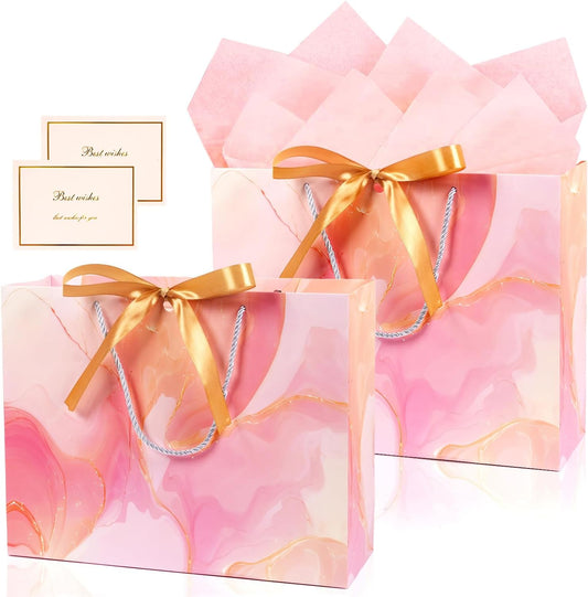 Pink Gift Bags, 2PCS 13” Large Gift Bags with Tissue Paper and Greeting Cards, Gift Bag with Handles Bow for Women Girls, Pink Gift Bags for Birthday Wedding Bridal Baby Shower Anniversaries
