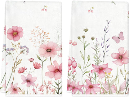 Spring Kitchen Towels 18x26 Inch Set of 2 Pink Floral Flowers Dish Towels Farmhouse Summer Holiday Hand Cloths for Home Decoration