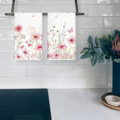 Spring Kitchen Towels 18x26 Inch Set of 2 Pink Floral Flowers Dish Towels Farmhouse Summer Holiday Hand Cloths for Home Decoration