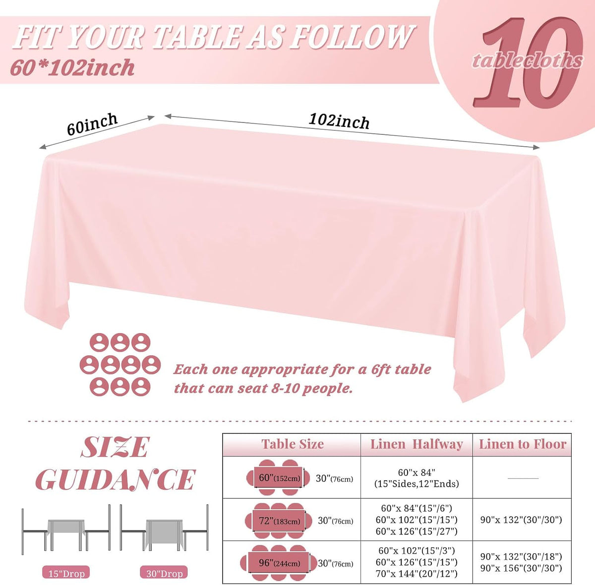 10 Pack 60 x 102 Inch Rectangle Tablecloth, Pink Tablecloth for 6 Feet Rectangle Tables, Stain and Wrinkle Resistant Washable Fabric Table Cloth for Wedding Dining Table Buffet Parties Camping