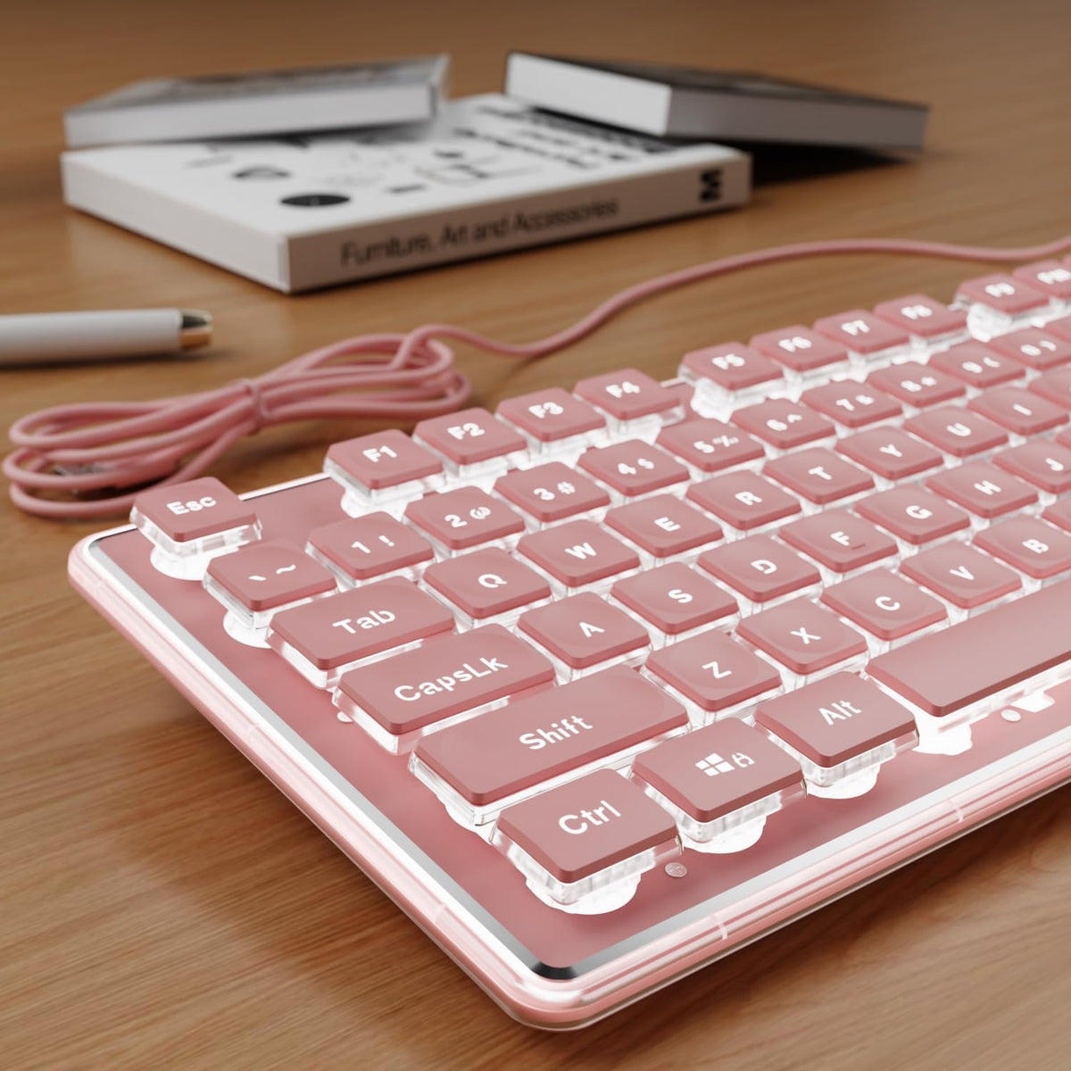 Wired Keyboard with White Backlight Pudding Keycaps, Full Size, Pink