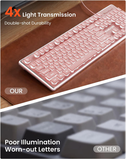 Wired Keyboard with White Backlight Pudding Keycaps, Full Size, Pink