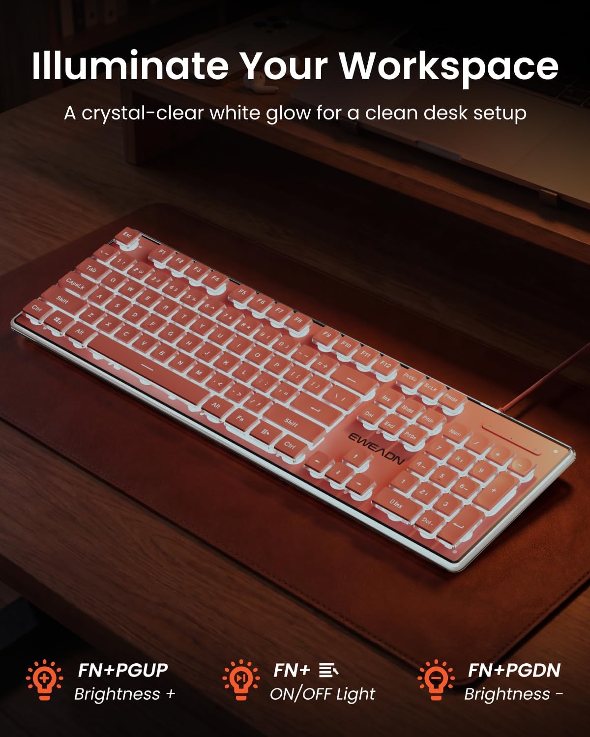 Wired Keyboard with White Backlight Pudding Keycaps, Full Size, Pink