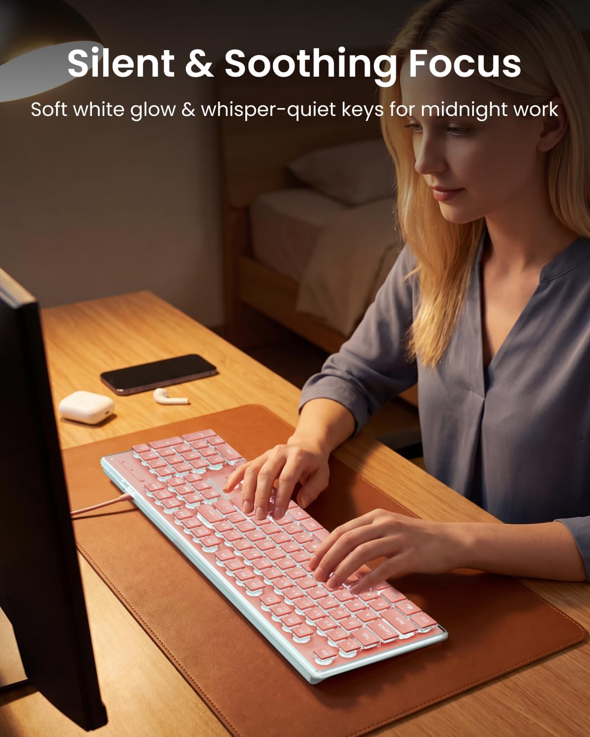 Wired Keyboard with White Backlight Pudding Keycaps, Full Size, Pink