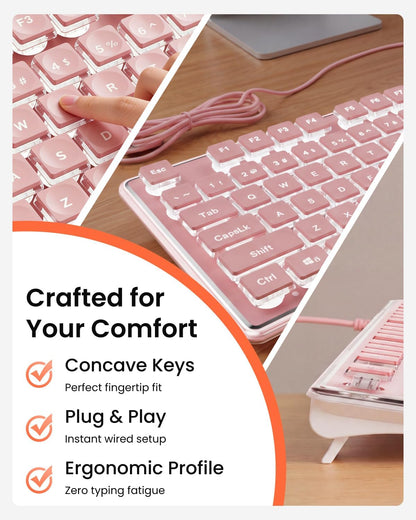 Wired Keyboard with White Backlight Pudding Keycaps, Full Size, Pink