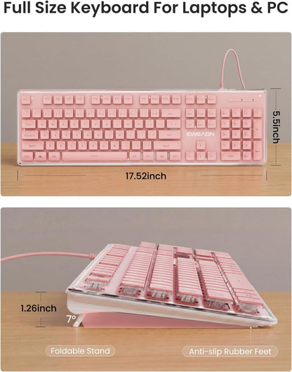 Wired Keyboard with White Backlight Pudding Keycaps, Full Size, Pink