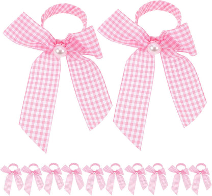 Pink Checkered Ribbon Napkin Rings Bow Holder 12pcs Reusable Gingham Table Decor for Girl Shower Party Centerpieces and Wedding Reception