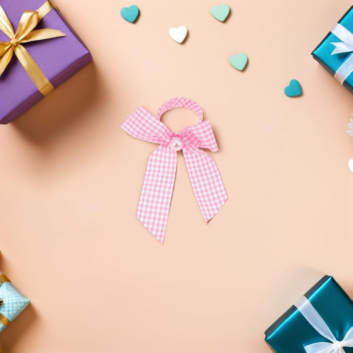 Pink Checkered Ribbon Napkin Rings Bow Holder 12pcs Reusable Gingham Table Decor for Girl Shower Party Centerpieces and Wedding Reception
