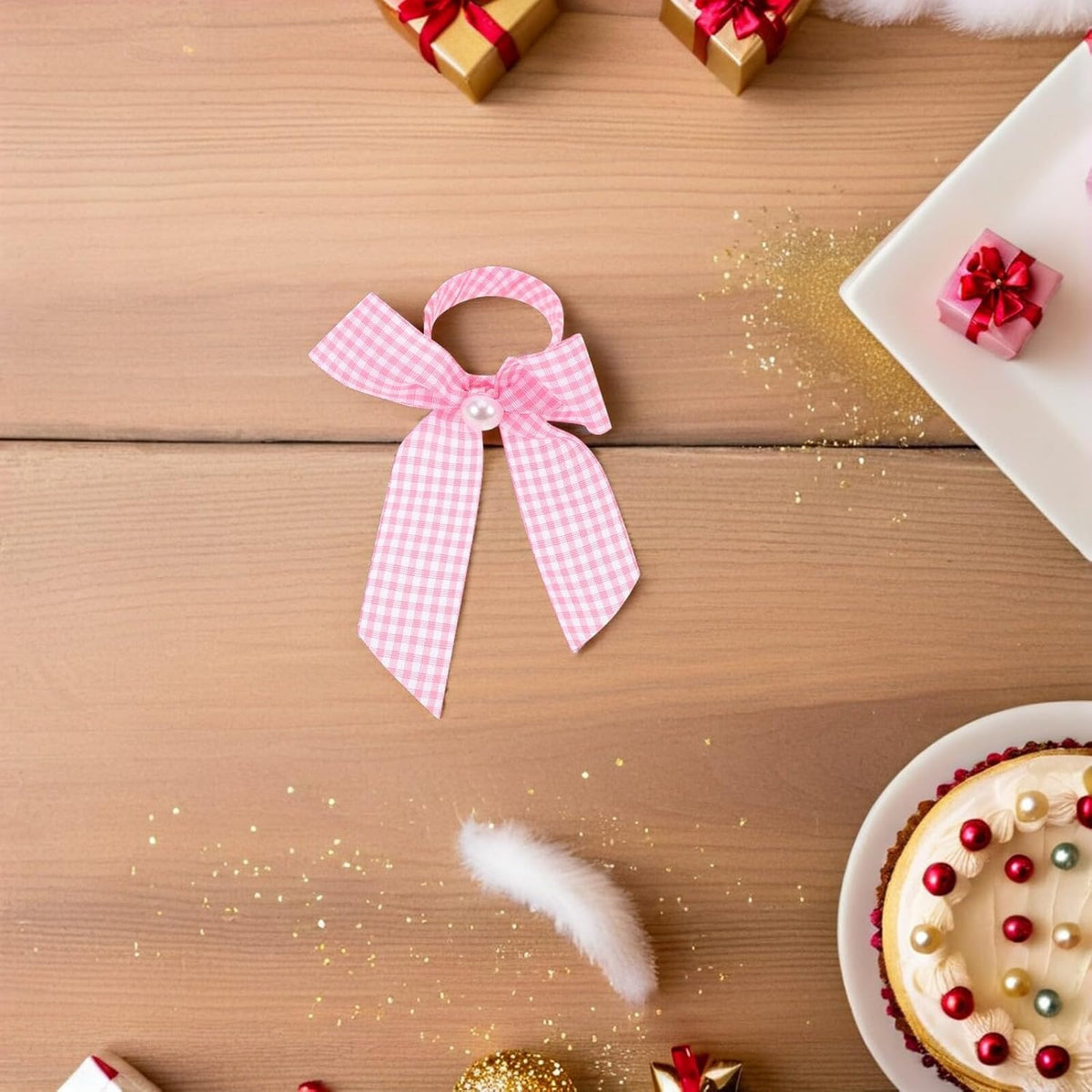 Pink Checkered Ribbon Napkin Rings Bow Holder 12pcs Reusable Gingham Table Decor for Girl Shower Party Centerpieces and Wedding Reception