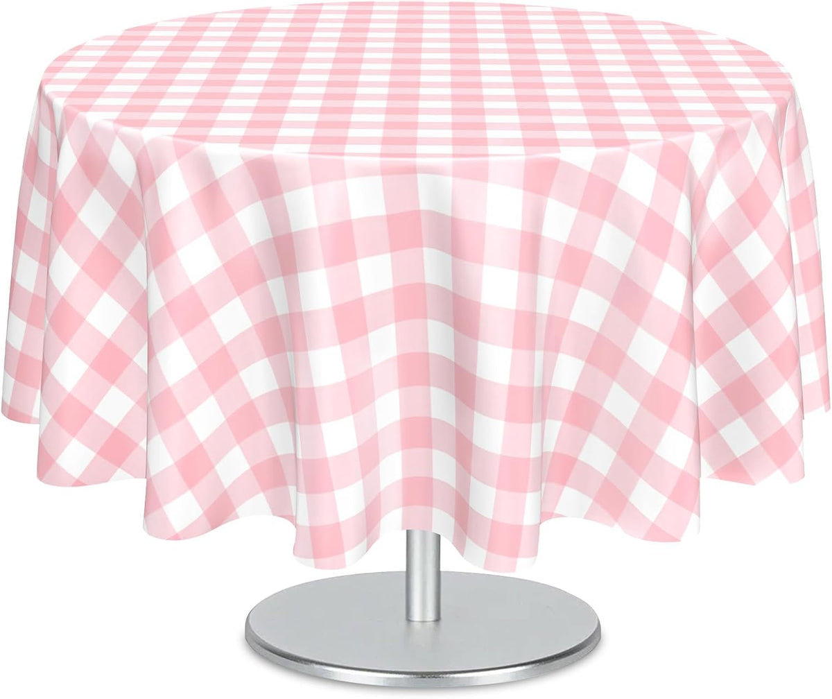 2 Pcs Pink Gingham Round Plastic Tablecloth Disposable, 84 inch
