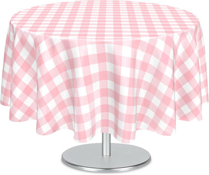 2 Pcs Pink Gingham Round Plastic Tablecloth Disposable, 84 inch
