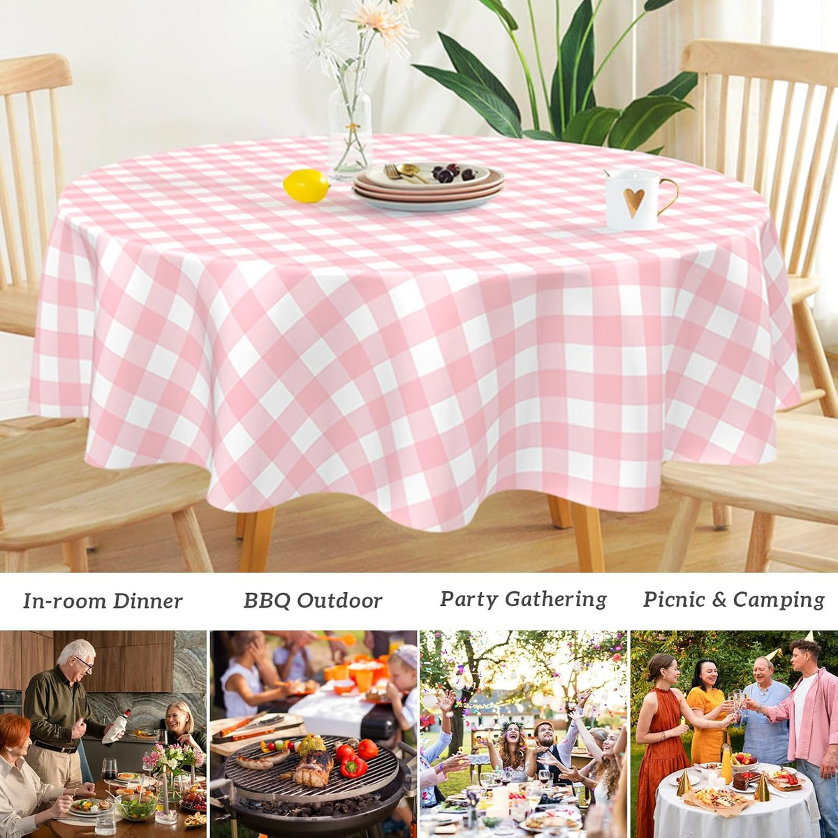 2 Pcs Pink Gingham Round Plastic Tablecloth Disposable, 84 inch