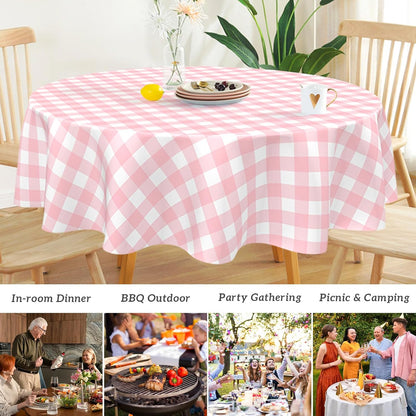 2 Pcs Pink Gingham Round Plastic Tablecloth Disposable, 84 inch