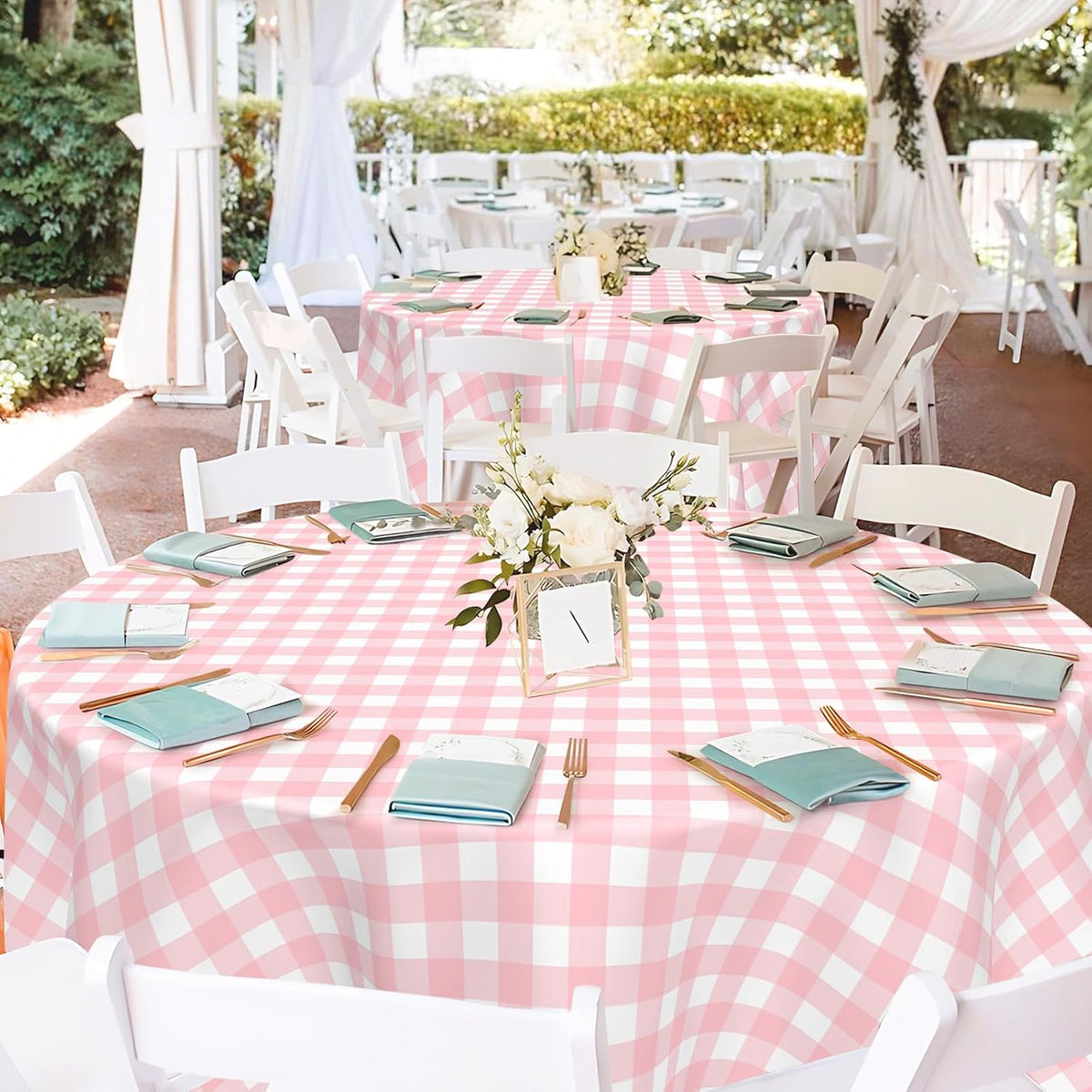 2 Pcs Pink Gingham Round Plastic Tablecloth Disposable, 84 inch