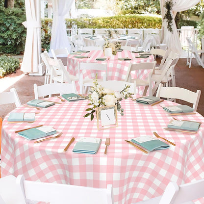 2 Pcs Pink Gingham Round Plastic Tablecloth Disposable, 84 inch