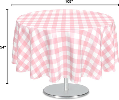 2 Pcs Pink Gingham Round Plastic Tablecloth Disposable, 84 inch