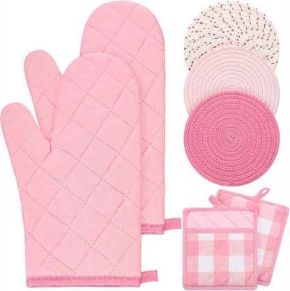 Pink Oven Mitts and Pot Holders 7 Sets, Pink White, Cotton, Plaid