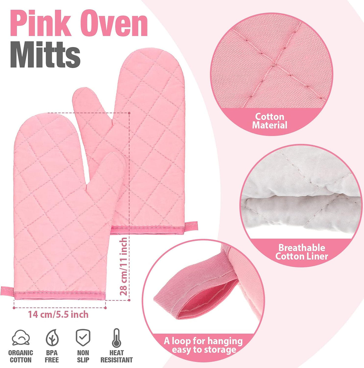 Pink Oven Mitts and Pot Holders 7 Sets, Pink White, Cotton, Plaid