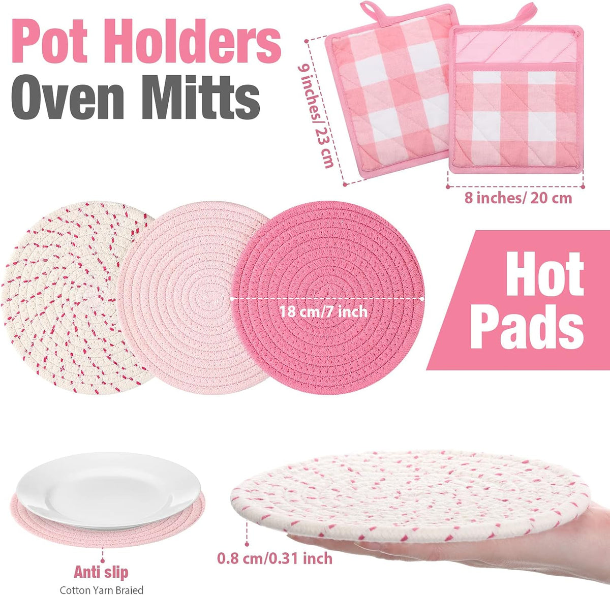 Pink Oven Mitts and Pot Holders 7 Sets, Pink White, Cotton, Plaid