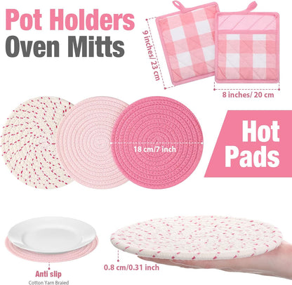 Pink Oven Mitts and Pot Holders 7 Sets, Pink White, Cotton, Plaid