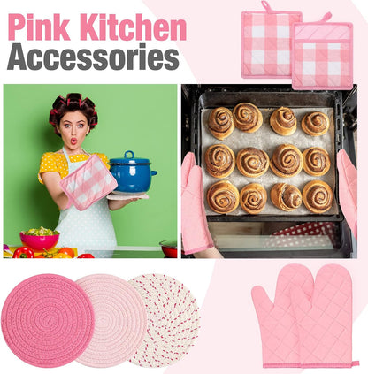 Pink Oven Mitts and Pot Holders 7 Sets, Pink White, Cotton, Plaid