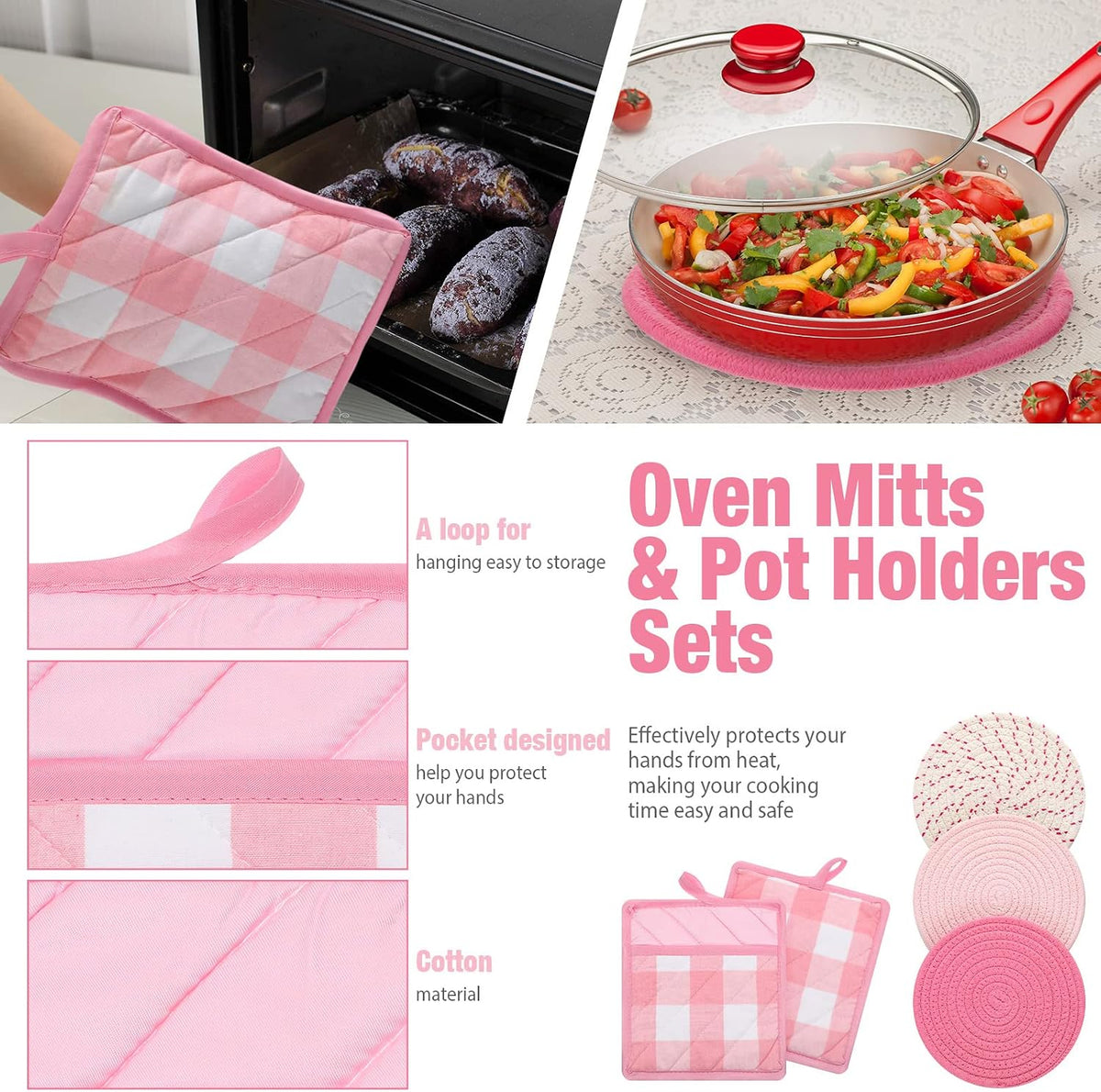 Pink Oven Mitts and Pot Holders 7 Sets, Pink White, Cotton, Plaid